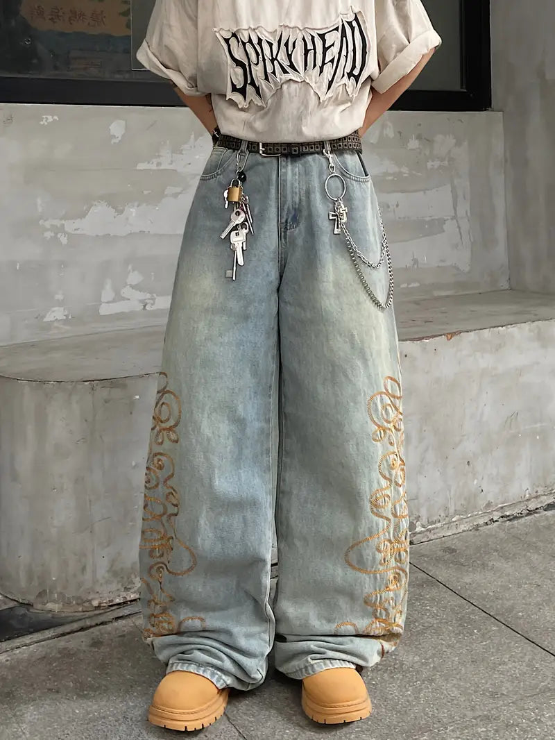 Distressed Wide‑Leg Denim Jeans – Unisex Street‑Style Loose Fit