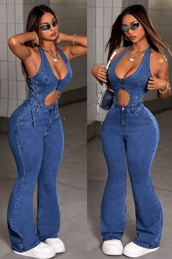 ICON Women's Summer Denim Flared Jumpsuit with Lace‑Up Detail