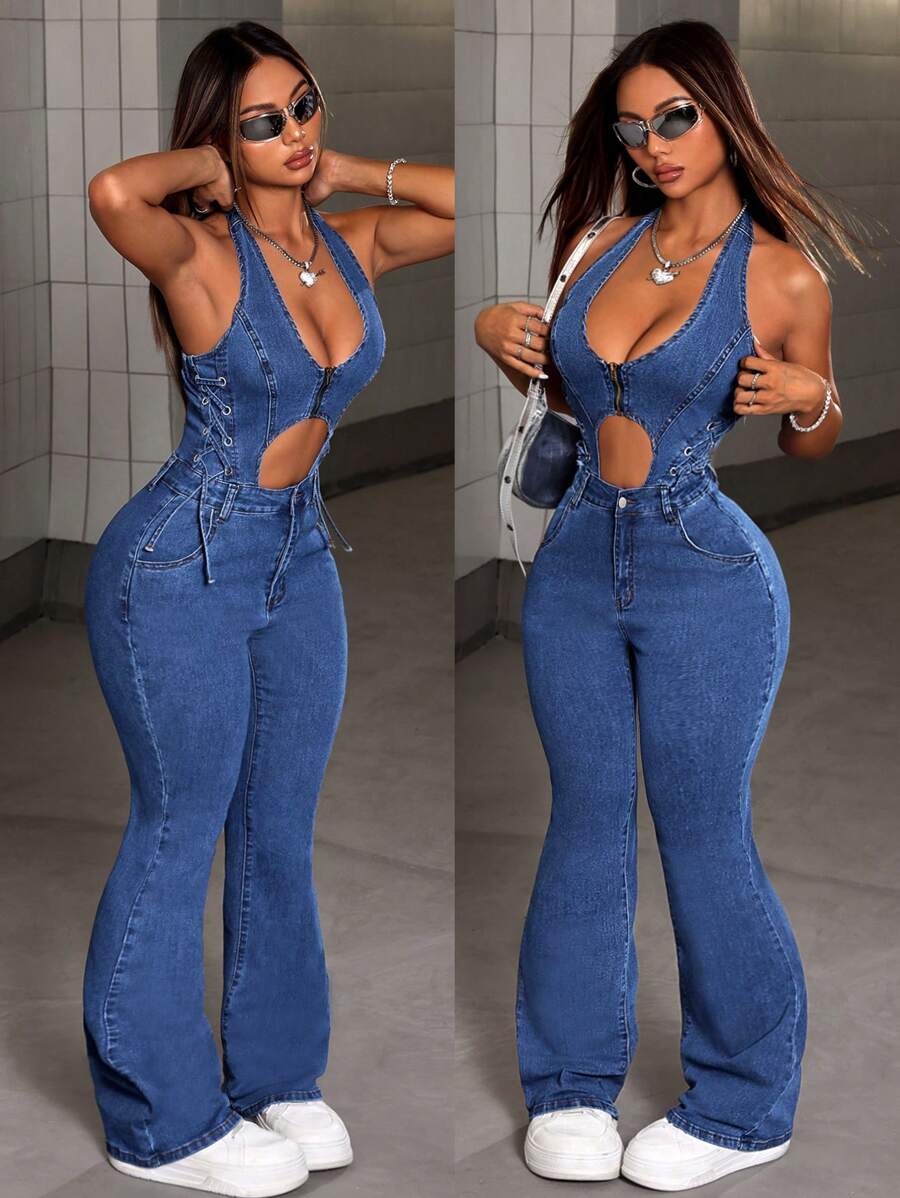 ICON Women's Summer Denim Flared Jumpsuit with Lace‑Up Detail