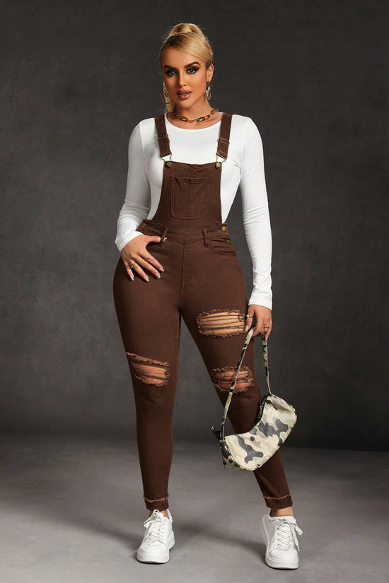 SHEIN SXY Women's Distressed Denim Bib Jumpsuit with Pockets