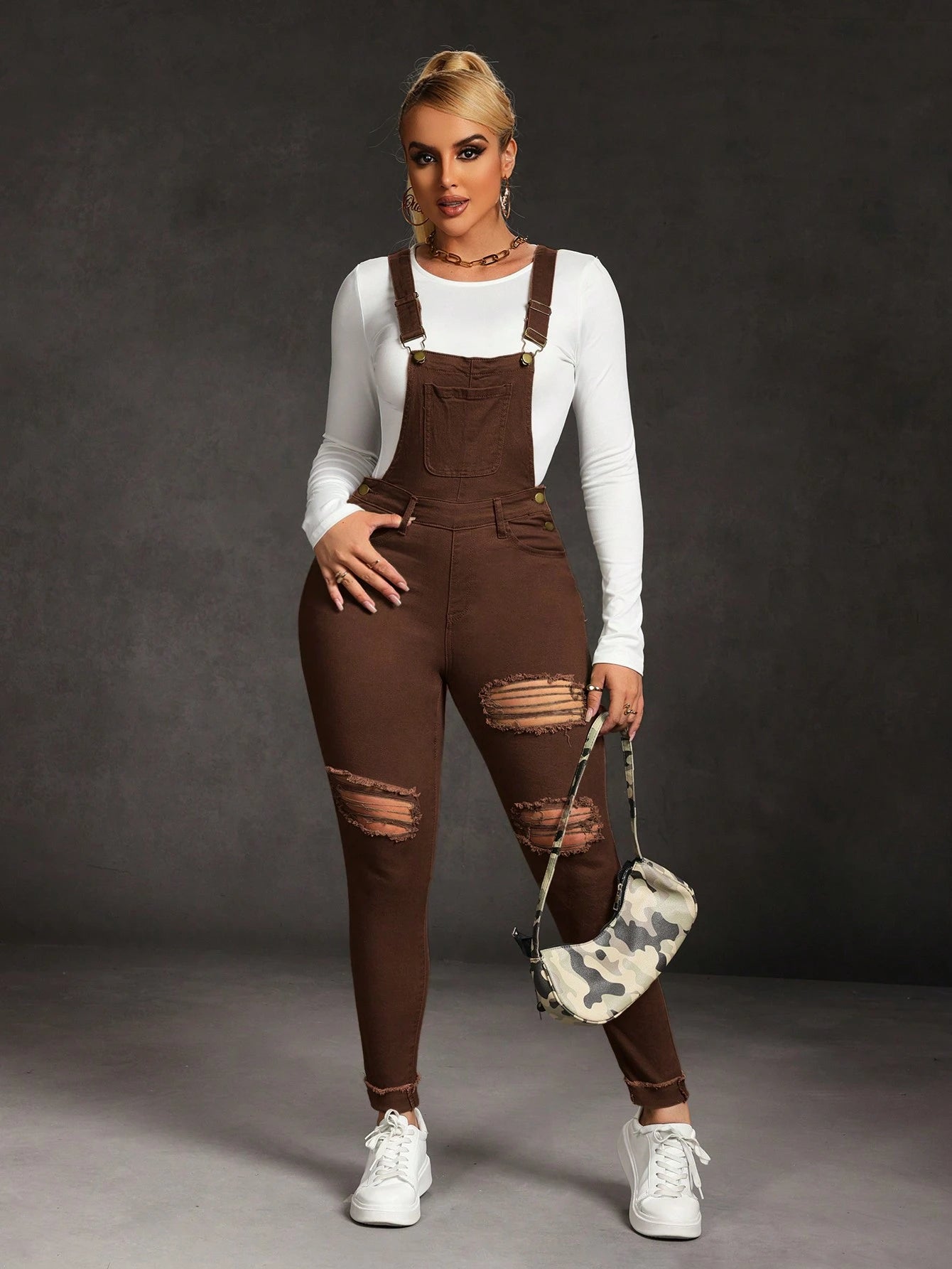 SHEIN SXY Women's Distressed Denim Bib Jumpsuit with Pockets