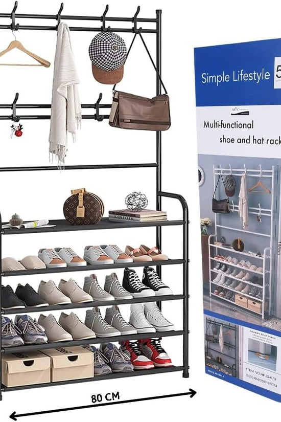 Heavy-Duty Metal Shoe Rack and Coat Hanger Organiser with 8 Hooks