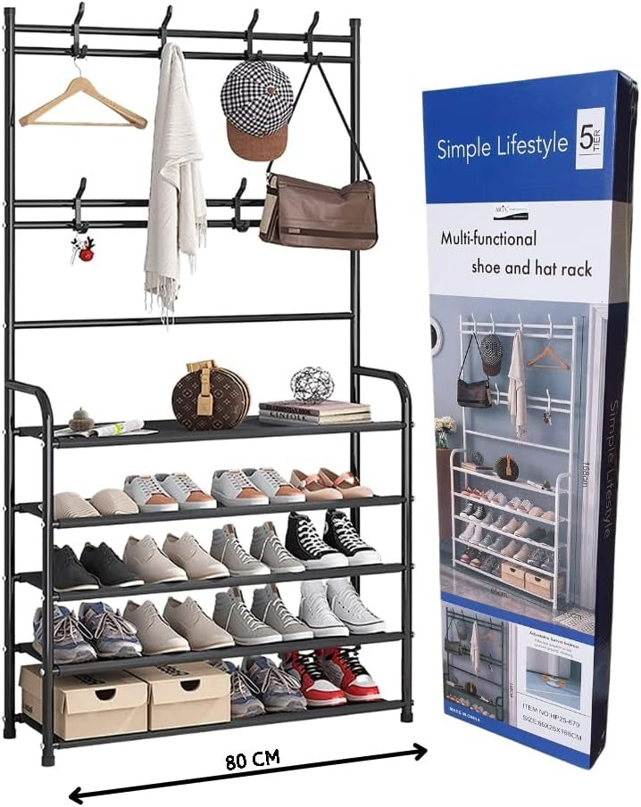 Heavy-Duty Metal Shoe Rack and Coat Hanger Organiser with 8 Hooks