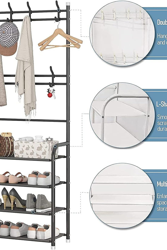 Heavy-Duty Metal Shoe Rack and Coat Hanger Organiser with 8 Hooks