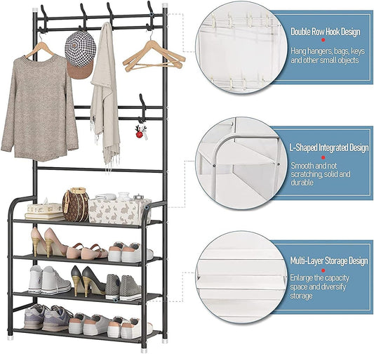 Heavy-Duty Metal Shoe Rack and Coat Hanger Organiser with 8 Hooks
