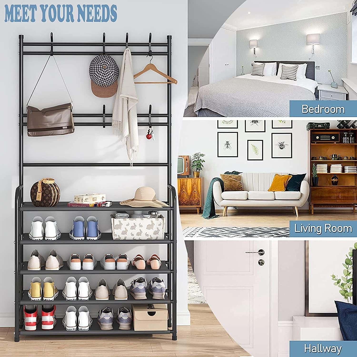 Heavy-Duty Metal Shoe Rack and Coat Hanger Organiser with 8 Hooks