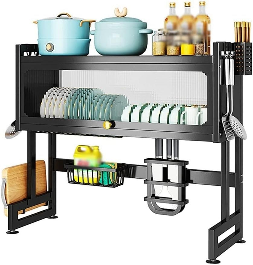Premium Stainless Steel Over-Sink Dish Drying Rack with Enclosed Cabinet Storage