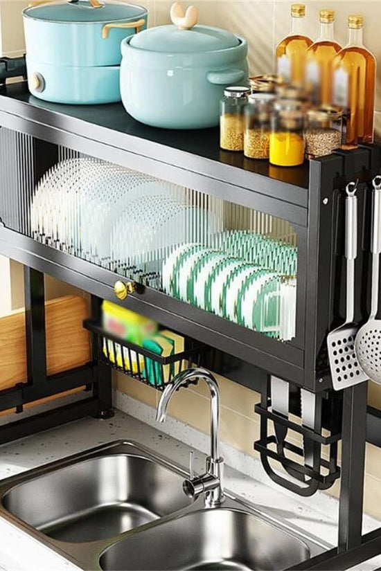 Premium Stainless Steel Over-Sink Dish Drying Rack with Enclosed Cabinet Storage