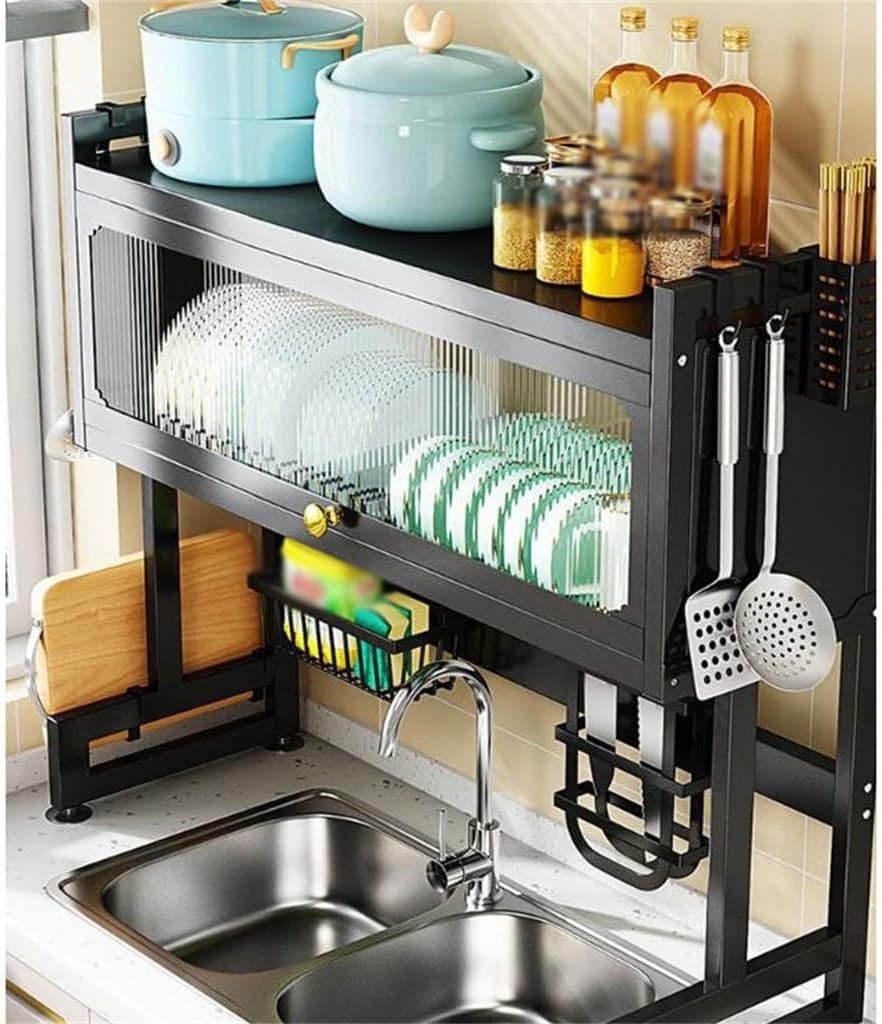 Premium Stainless Steel Over-Sink Dish Drying Rack with Enclosed Cabinet Storage