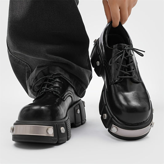 Men's High‑Top Platform Derby Boots – Solid Colour, Non‑Slip Rubber Sole