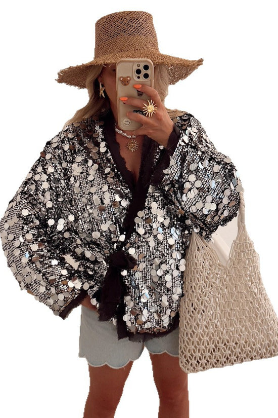 Sequins Long Sleeve V-Neck Blouse