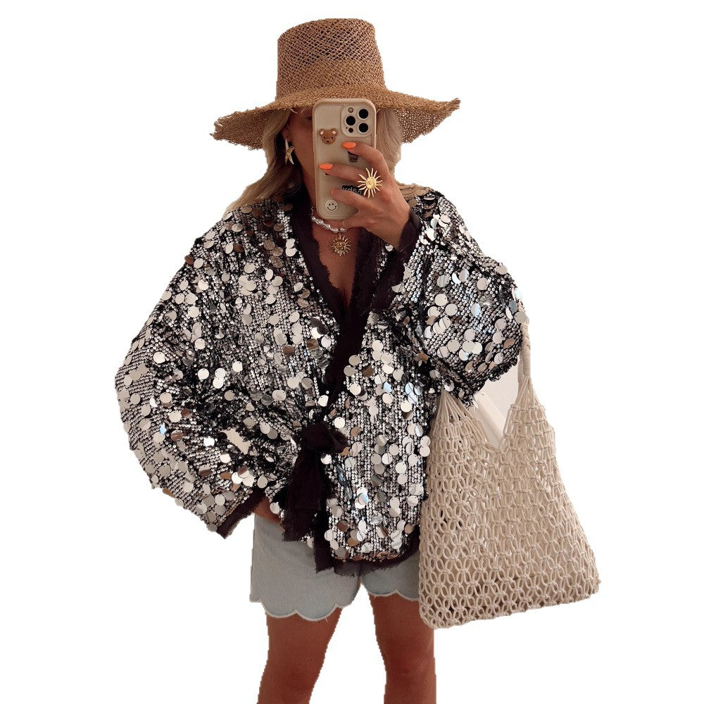 Sequins Long Sleeve V-Neck Blouse
