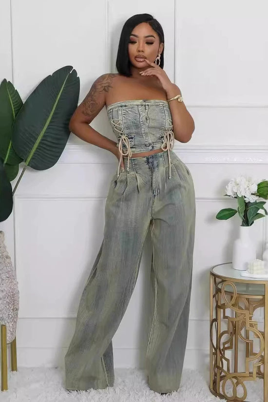 Women's Strapless Vest and Distressed Jeans Set
