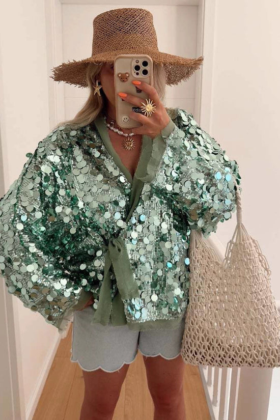 Sequins Long Sleeve V-Neck Blouse