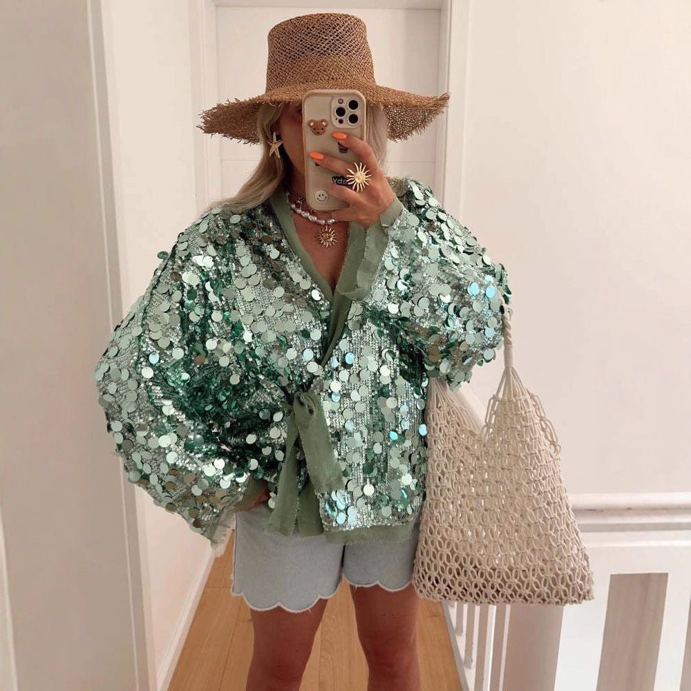 Sequins Long Sleeve V-Neck Blouse