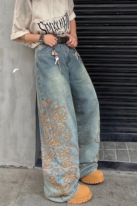 Distressed Wide‑Leg Denim Jeans – Unisex Street‑Style Loose Fit