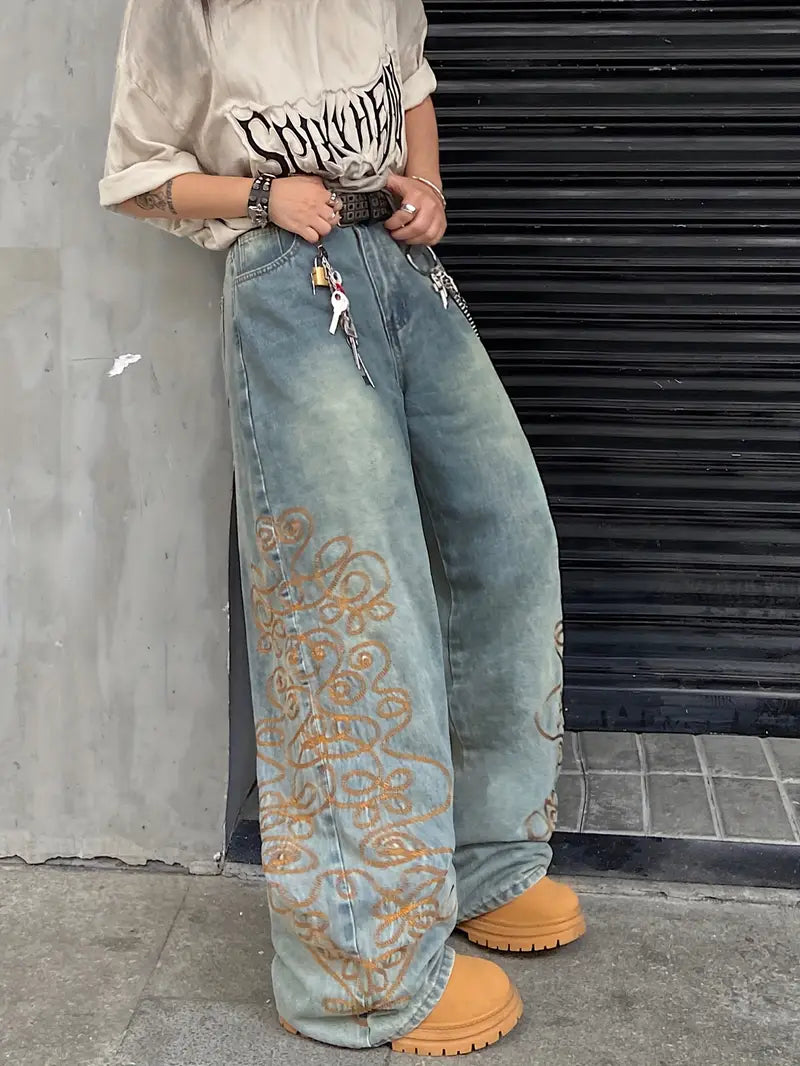 Distressed Wide‑Leg Denim Jeans – Unisex Street‑Style Loose Fit