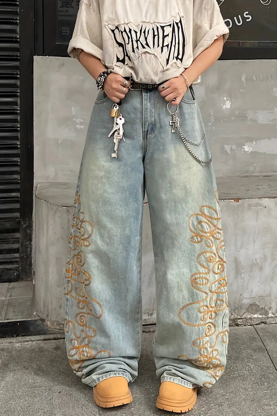 Distressed Wide‑Leg Denim Jeans – Unisex Street‑Style Loose Fit