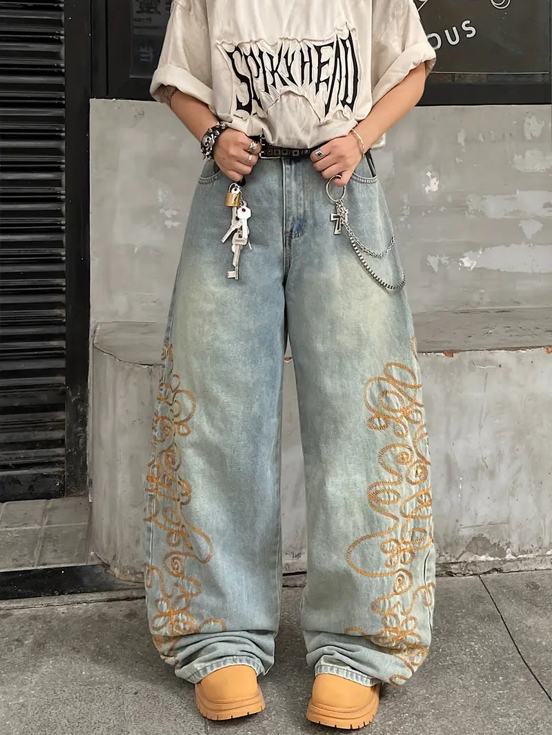 Distressed Wide‑Leg Denim Jeans – Unisex Street‑Style Loose Fit