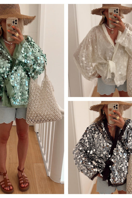 Sequins Long Sleeve V-Neck Blouse