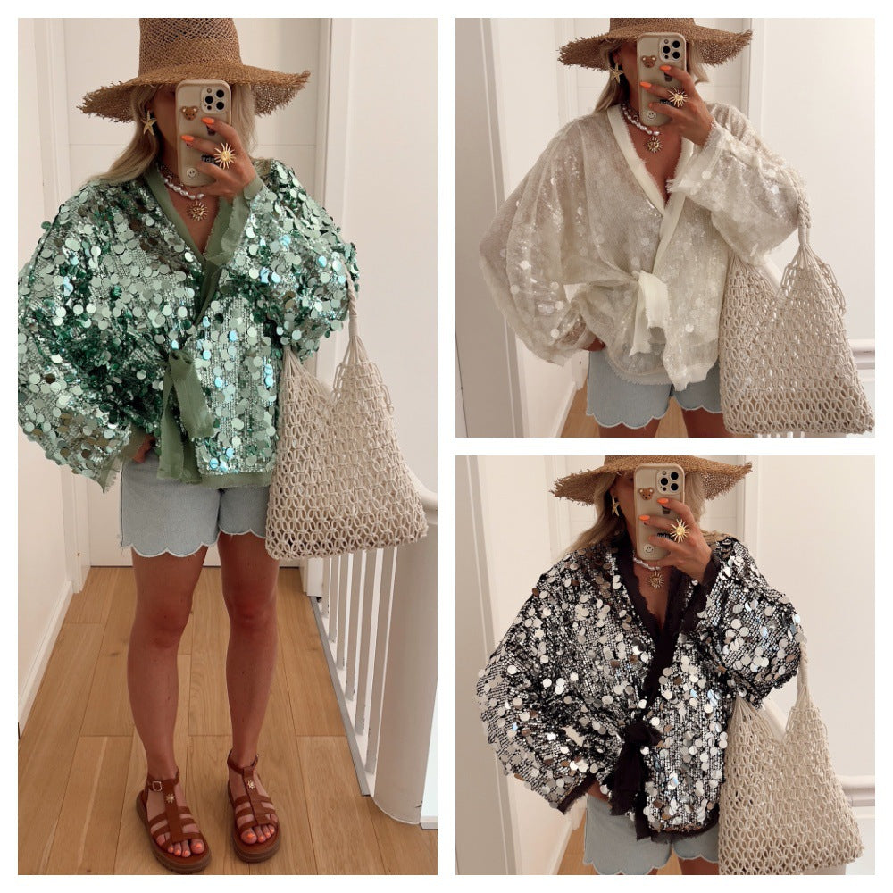 Sequins Long Sleeve V-Neck Blouse