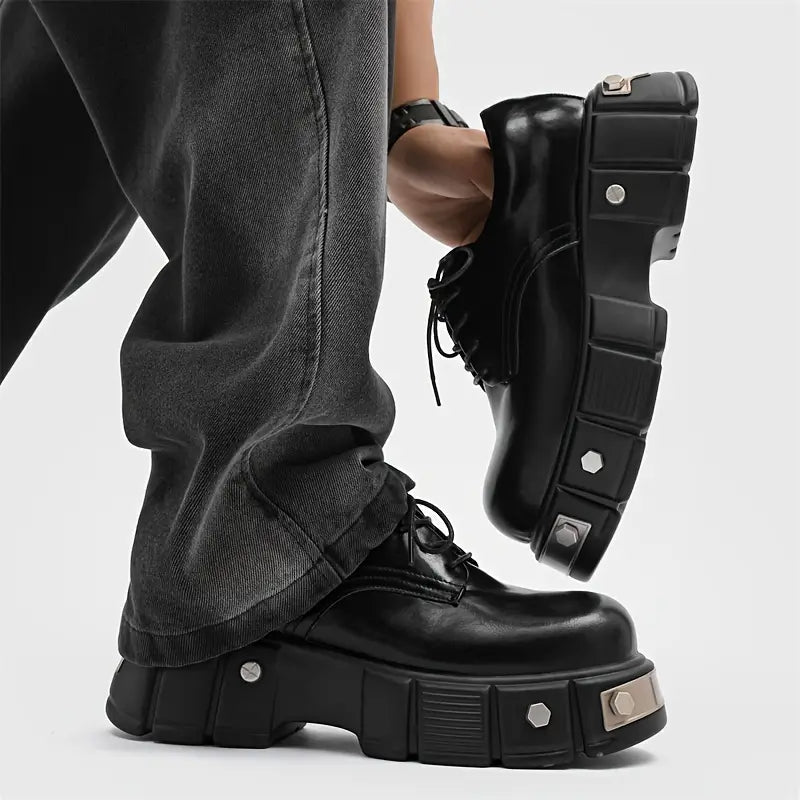 Men's High‑Top Platform Derby Boots – Solid Colour, Non‑Slip Rubber Sole