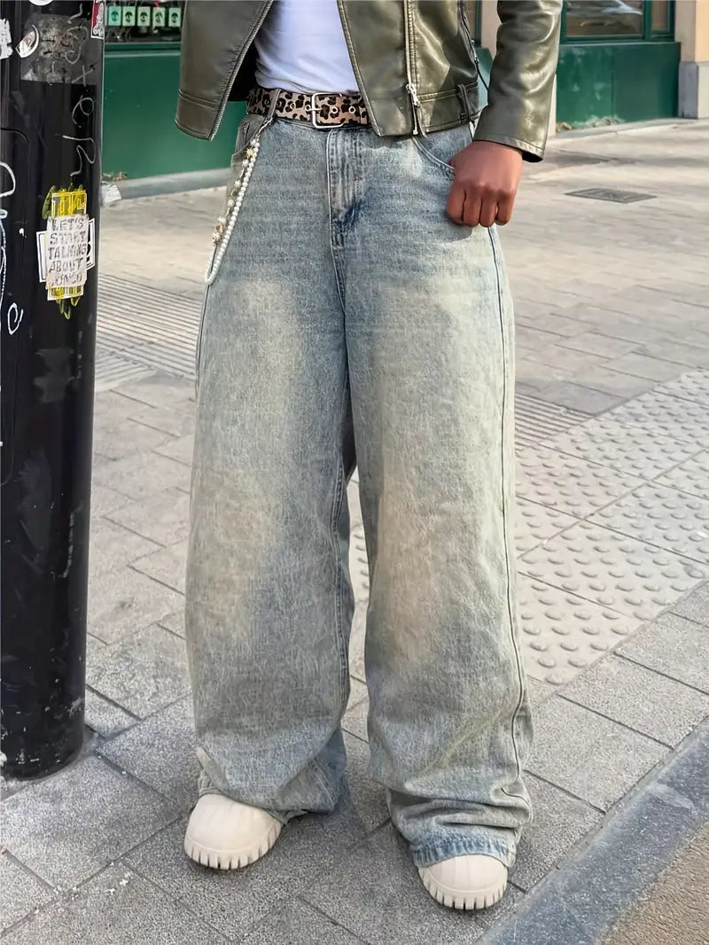 Men's Loose Fit Flared Floor‑Length Jeans – Heavy‑Duty Washed Streetwear