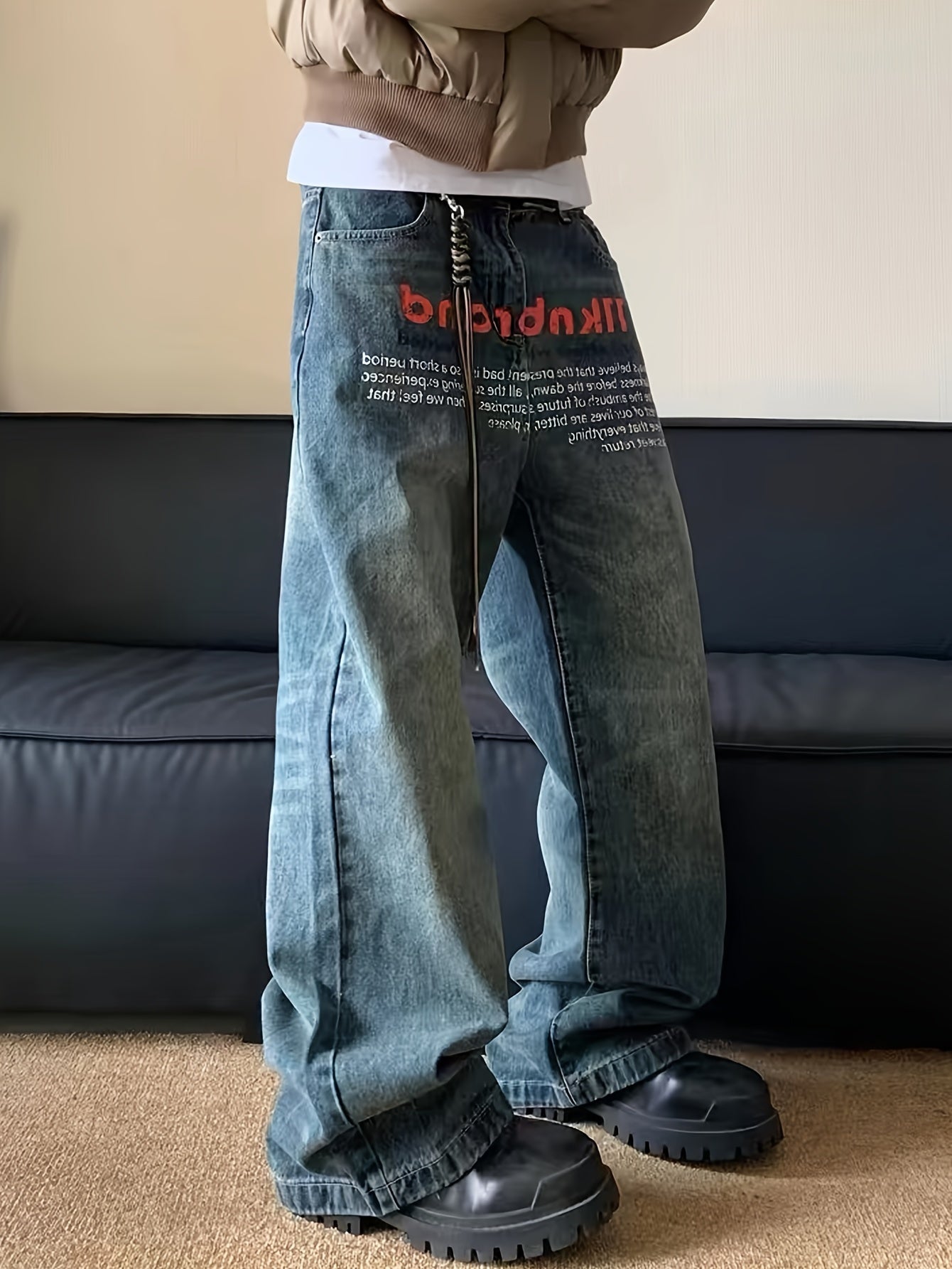 Men's Letter Print Wide Leg Denim Jeans Loose Street Style