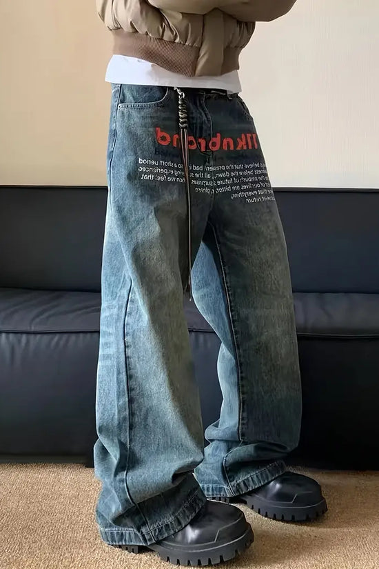 Men's Letter Print Wide Leg Denim Jeans Loose Street Style