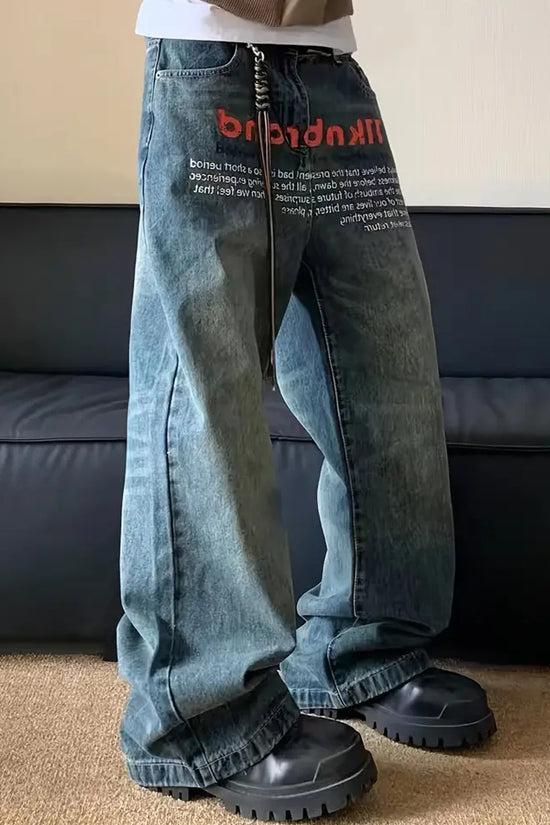 Men's Letter Print Wide Leg Denim Jeans Loose Street Style