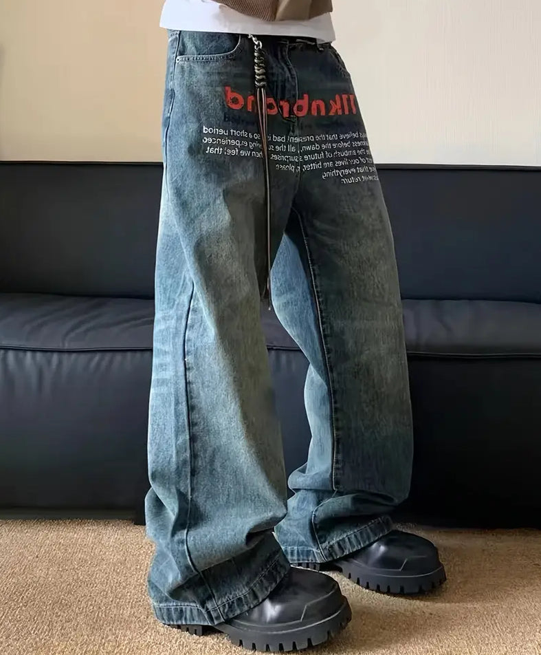 Men's Letter Print Wide Leg Denim Jeans Loose Street Style