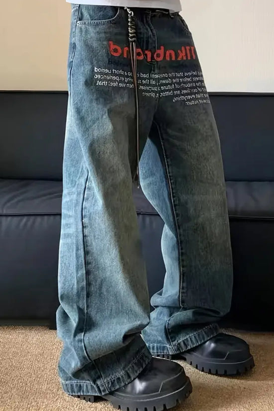 Men's Letter Print Wide Leg Denim Jeans Loose Street Style
