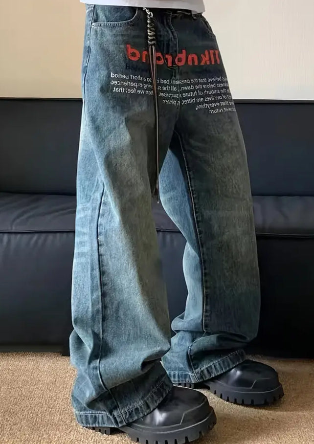 Men's Letter Print Wide Leg Denim Jeans Loose Street Style