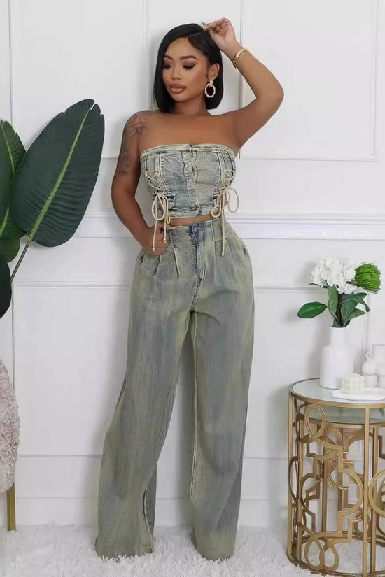 Women's Strapless Vest and Distressed Jeans Set