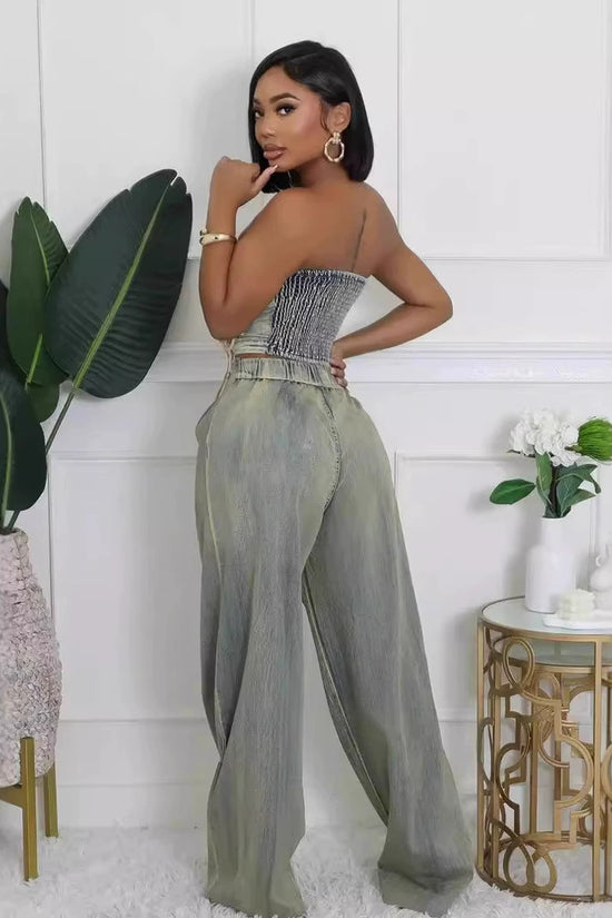 Women's Strapless Vest and Distressed Jeans Set