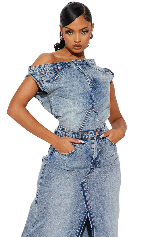 Women's Denim Skirt Suit Retro Split Design
