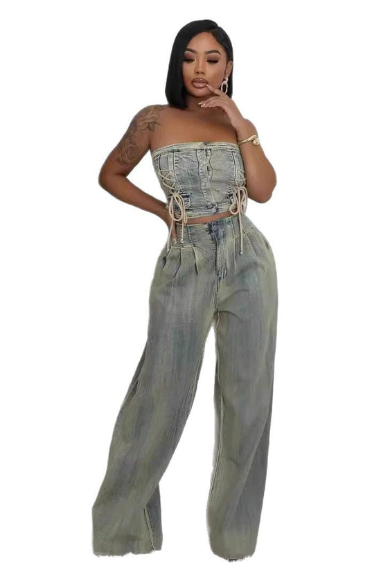 Women's Strapless Vest and Distressed Jeans Set