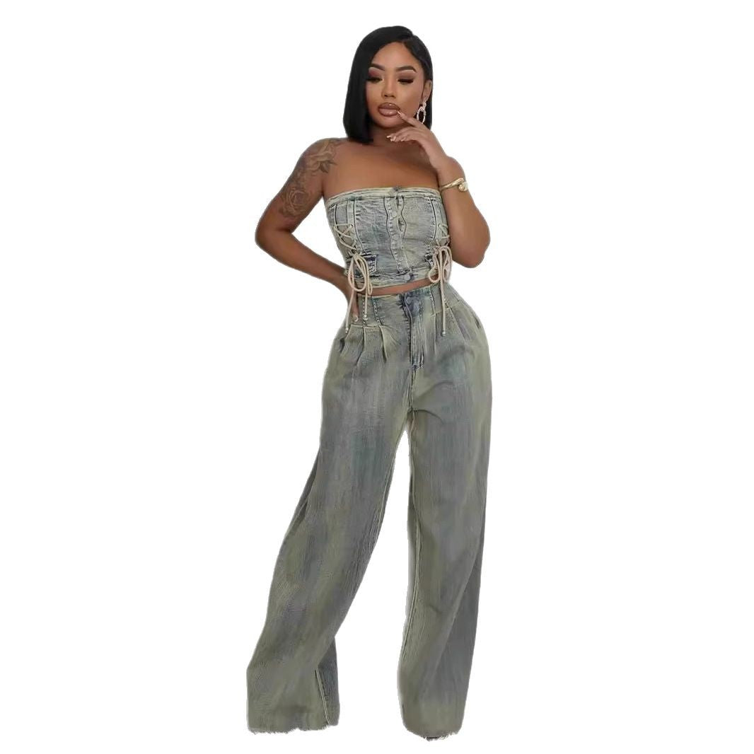 Women's Strapless Vest and Distressed Jeans Set