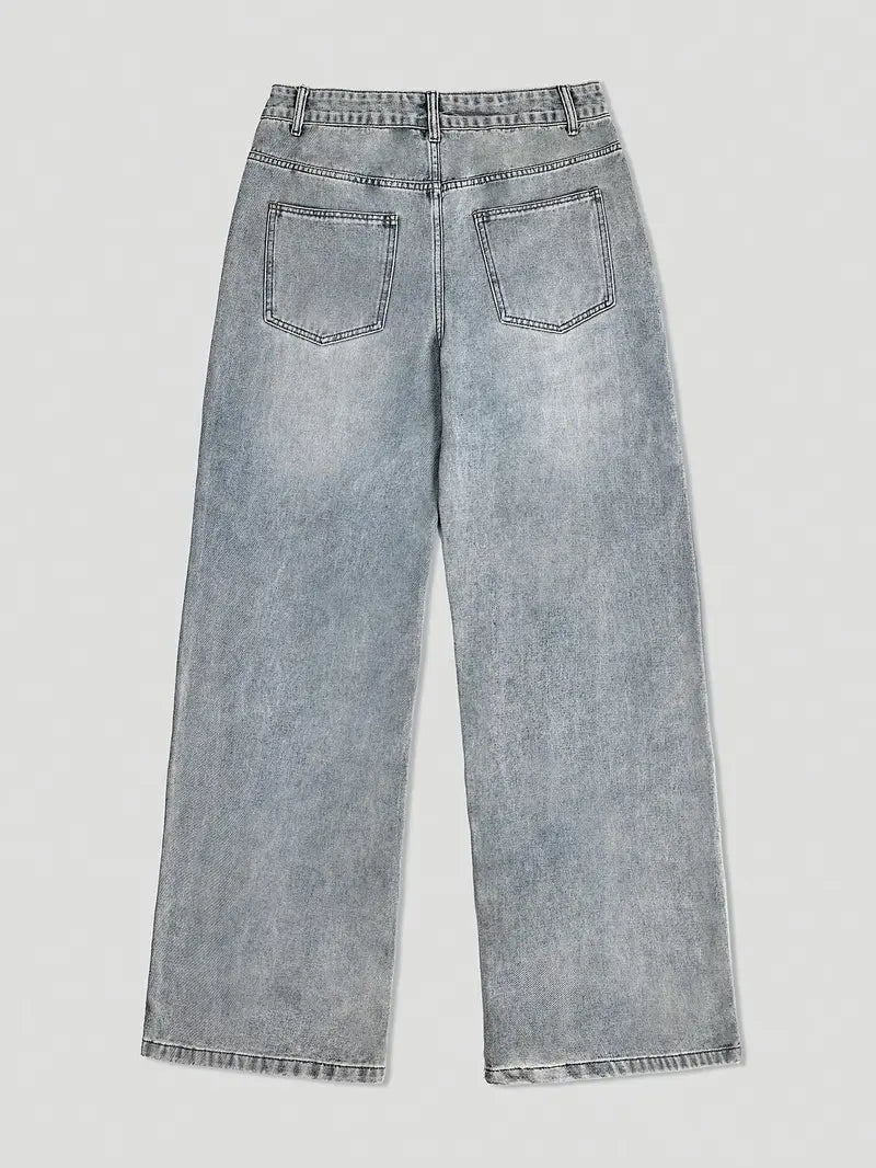 Men's Loose Fit Flared Floor‑Length Jeans – Heavy‑Duty Washed Streetwear