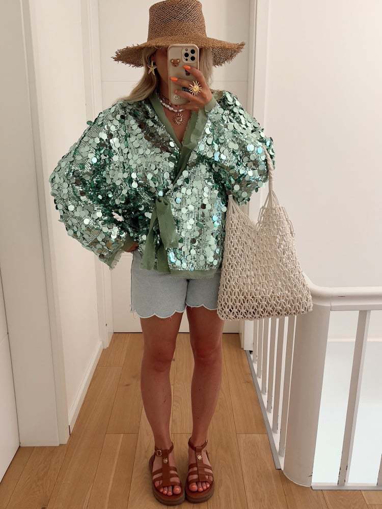 Sequins Long Sleeve V-Neck Blouse