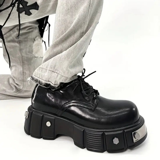 Men's High‑Top Platform Derby Boots – Solid Colour, Non‑Slip Rubber Sole