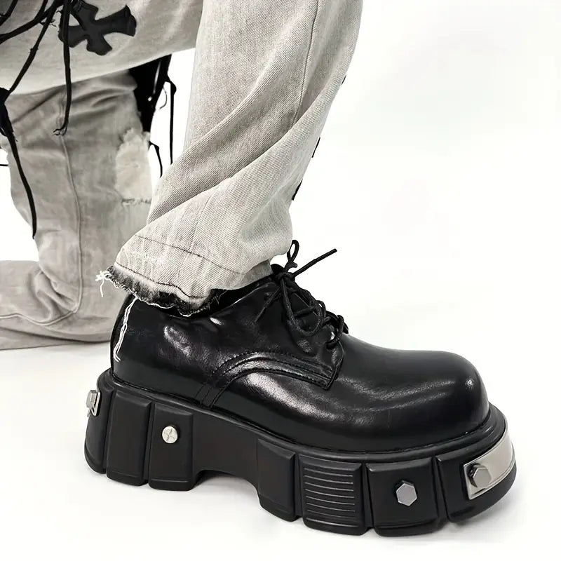 Men's High‑Top Platform Derby Boots – Solid Colour, Non‑Slip Rubber Sole
