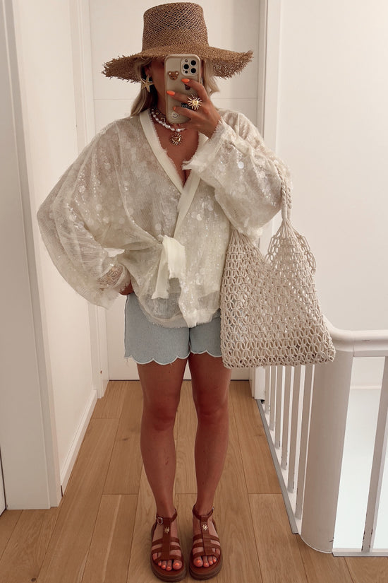 Sequins Long Sleeve V-Neck Blouse