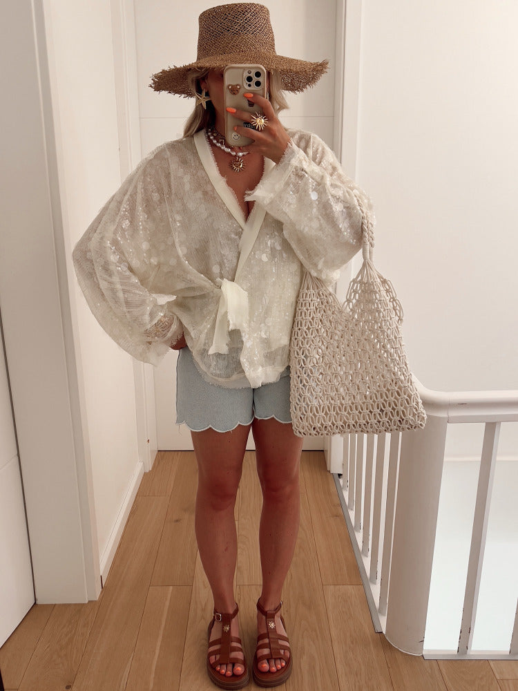 Sequins Long Sleeve V-Neck Blouse