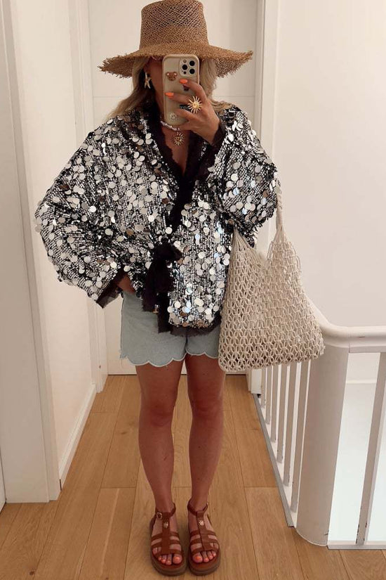 Sequins Long Sleeve V-Neck Blouse