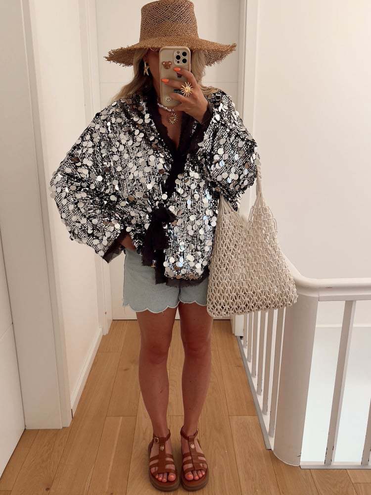 Sequins Long Sleeve V-Neck Blouse