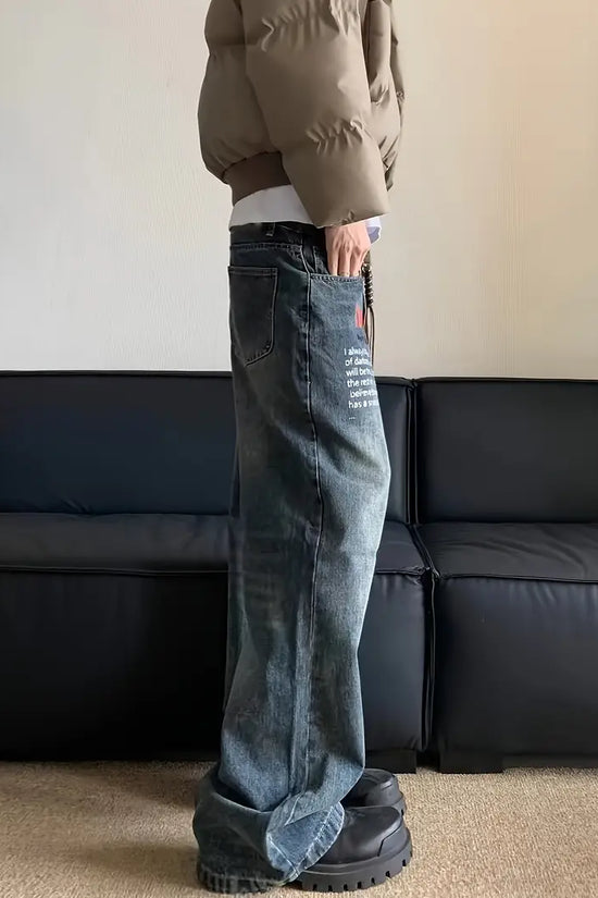 Men's Letter Print Wide Leg Denim Jeans Loose Street Style