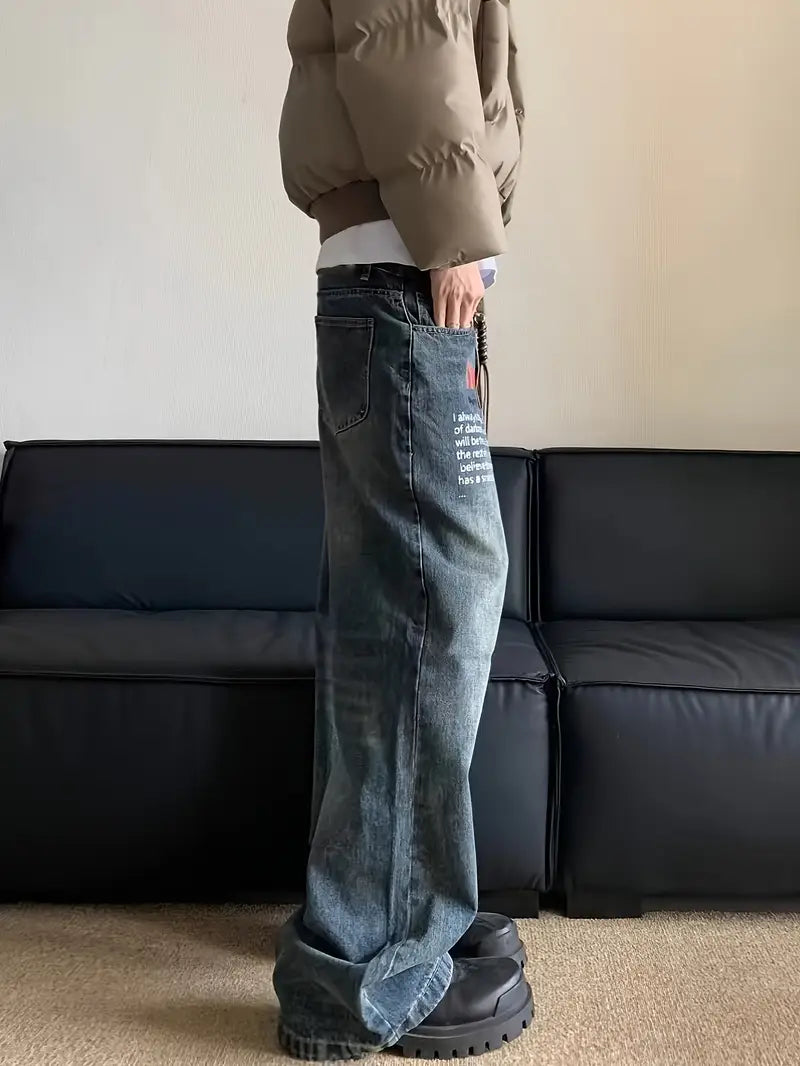 Men's Letter Print Wide Leg Denim Jeans Loose Street Style