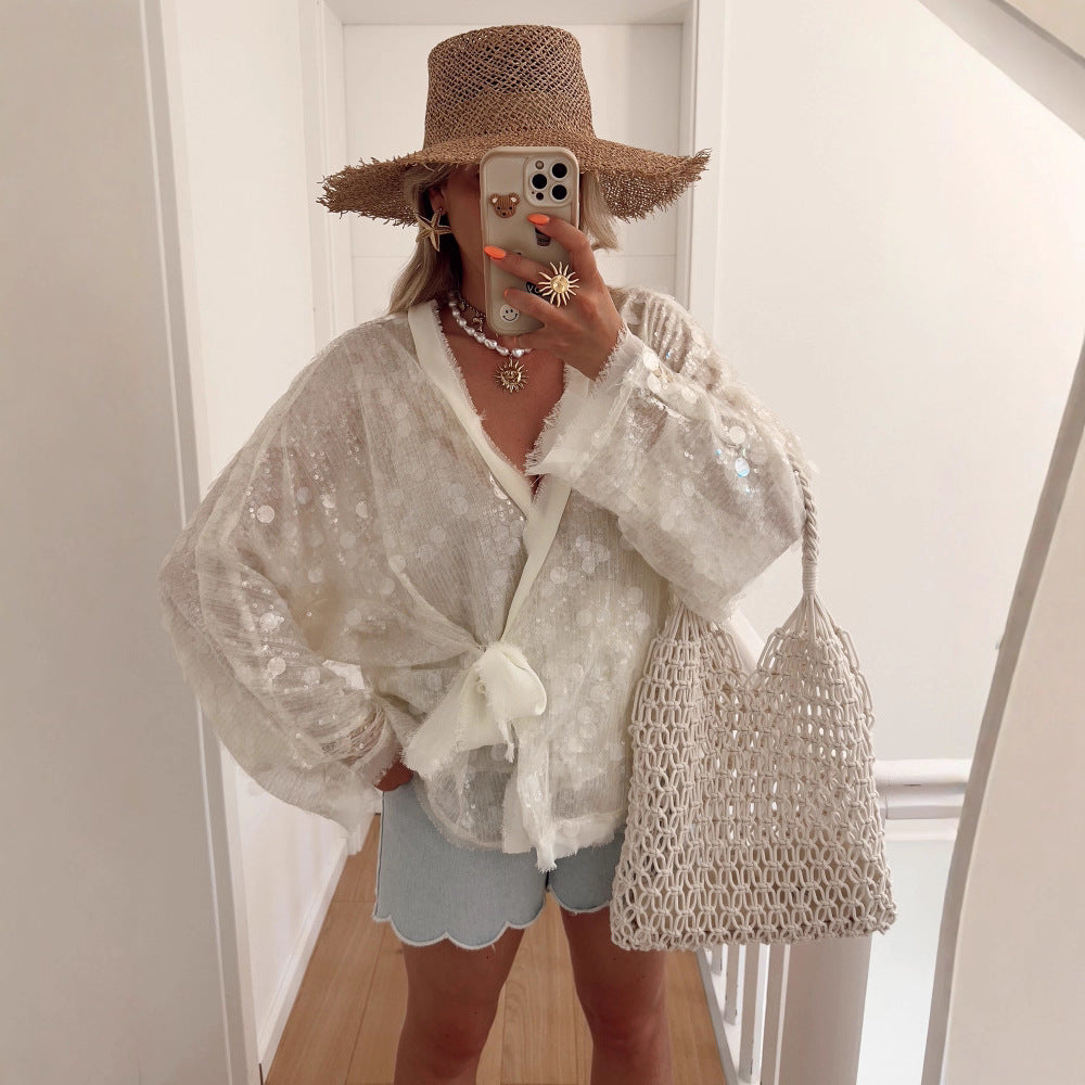 Sequins Long Sleeve V-Neck Blouse