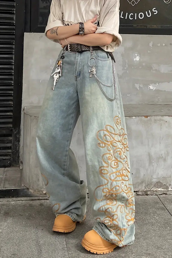 Distressed Wide‑Leg Denim Jeans – Unisex Street‑Style Loose Fit
